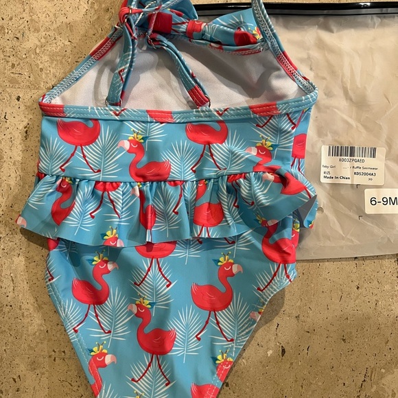 Baby Girl Pink Flamingo Ruffle SPF 50 One Piece Bathing Suit 6-9 Months - Picture 3 of 4